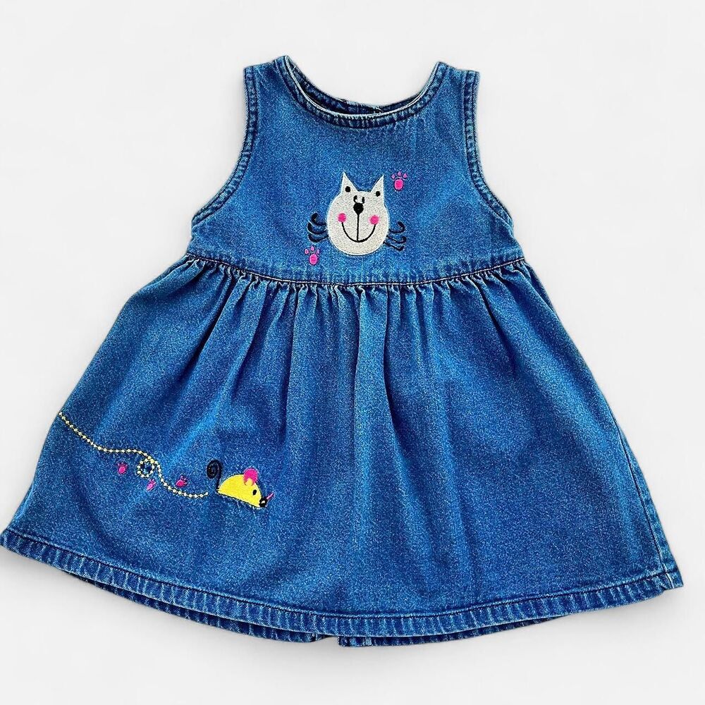 Vintage Denim Baby Girl Dress Jumper with Embroidered Cat & Mouse 90's Cottage